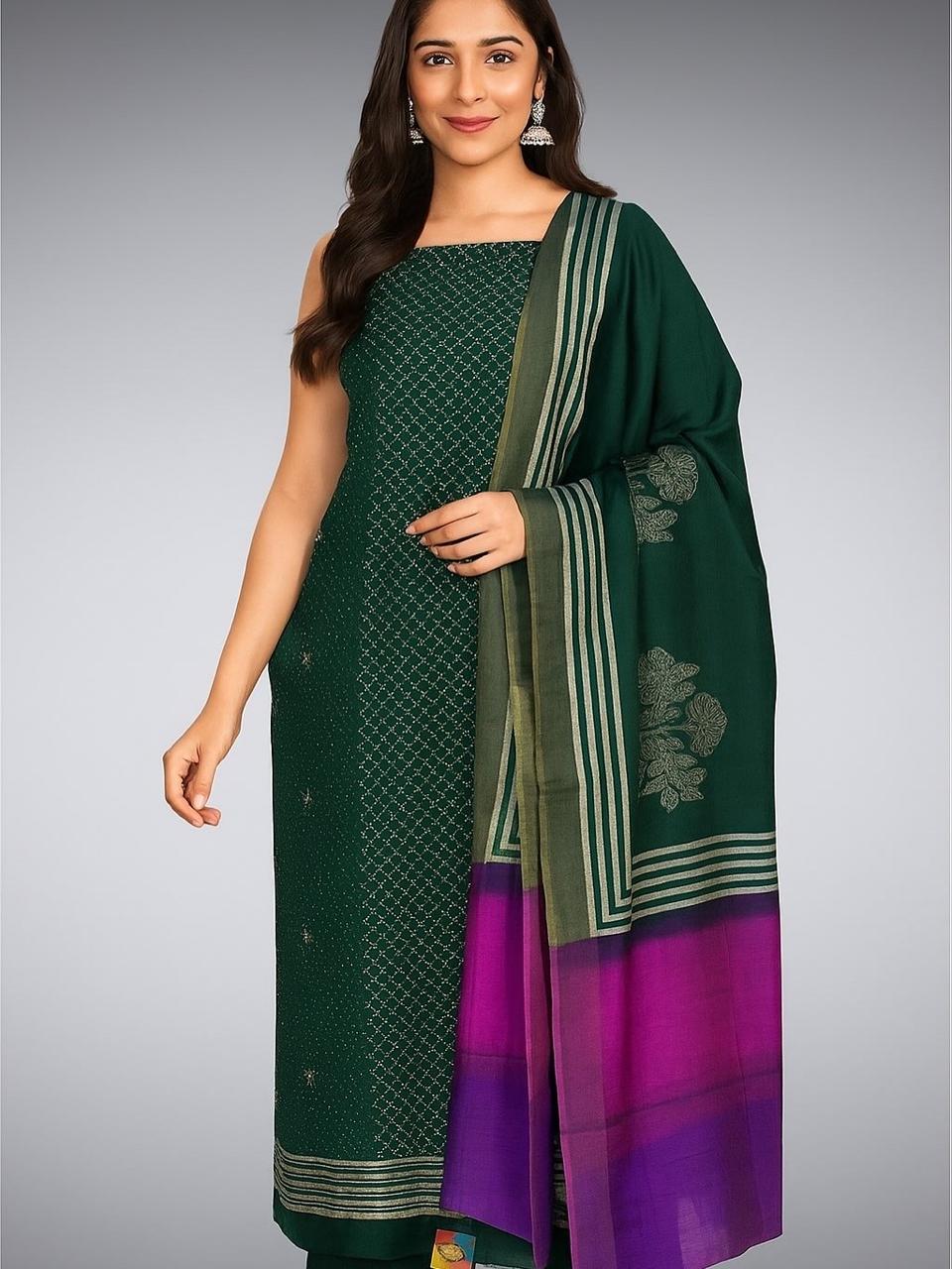 Bottle Green Pure Tussar Silk Unstitched Dress