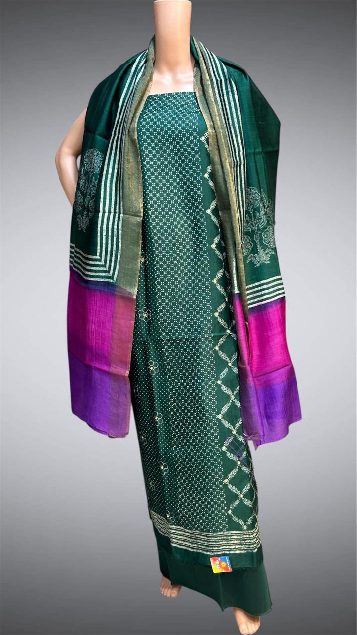 Bottle Green Pure Tussar Silk Unstitched Dress