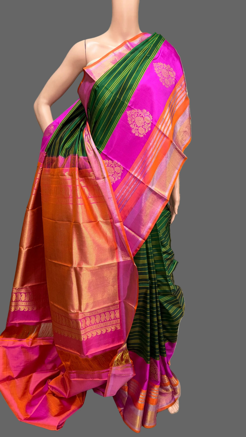 Dark Forest Green Kanjeevaram Korvai Saree