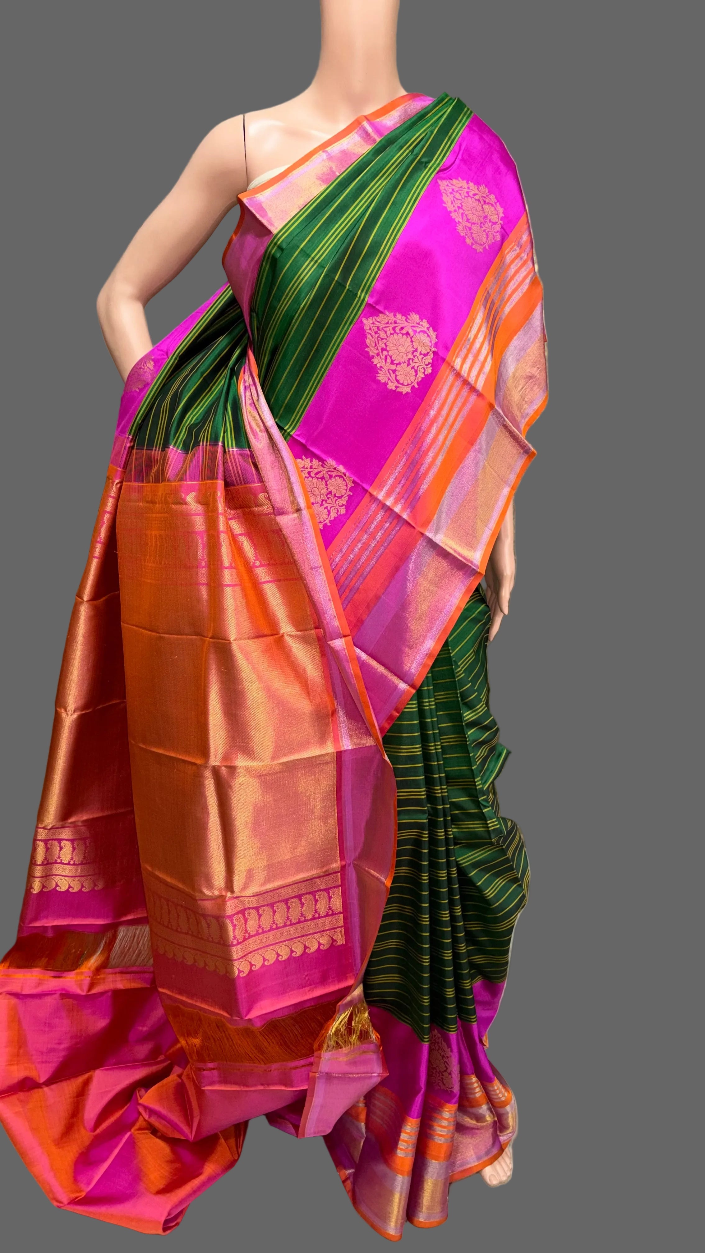 Dark Forest Green Kanjeevaram Korvai Saree