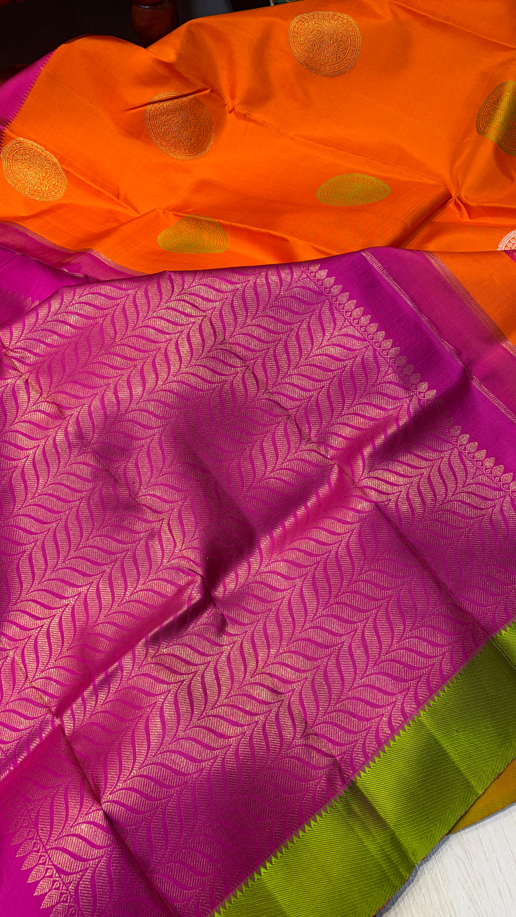 Orange-Rani-Green Kanjeevaram Saree