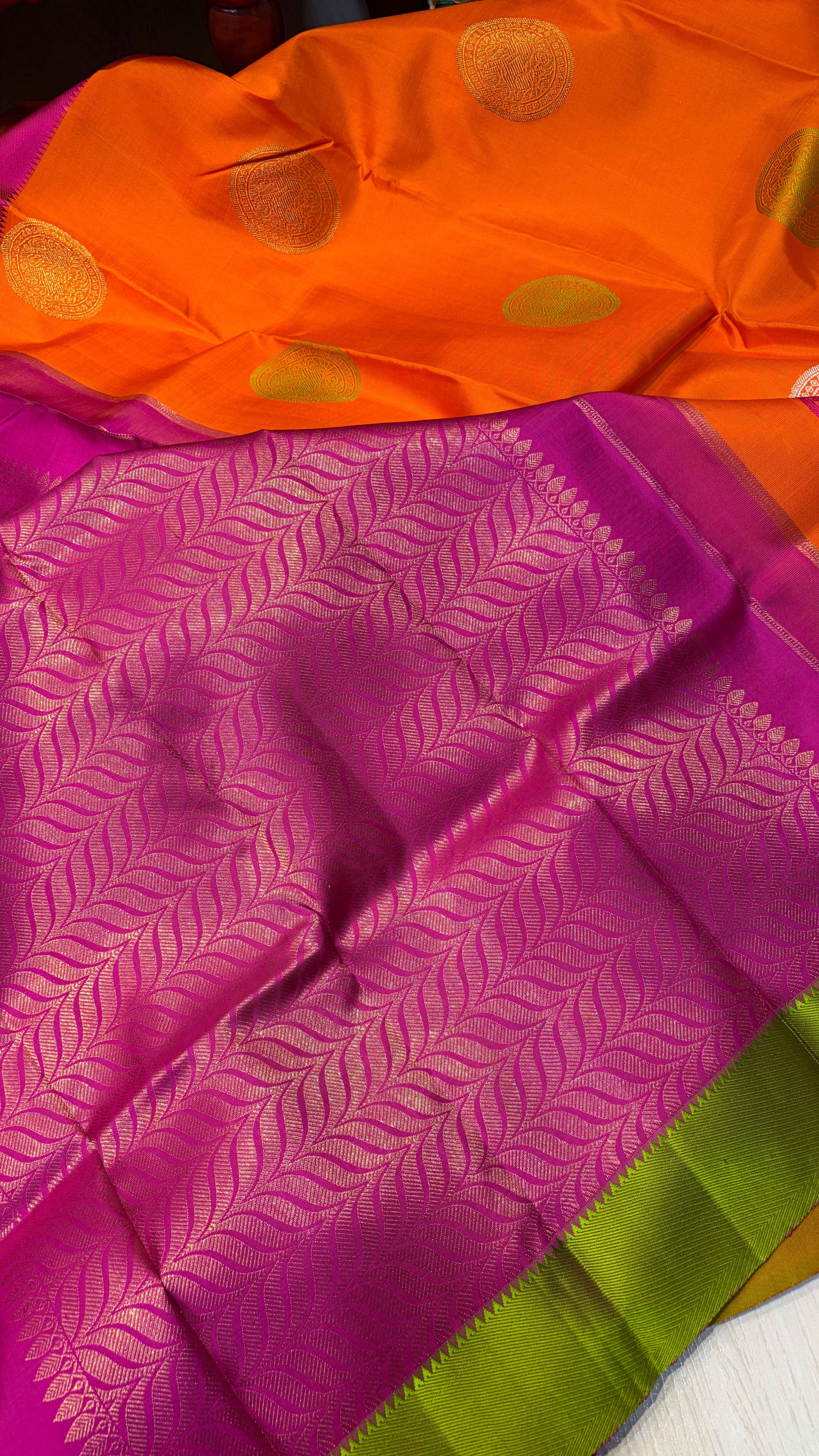 Orange-Rani-Green Kanjeevaram Saree