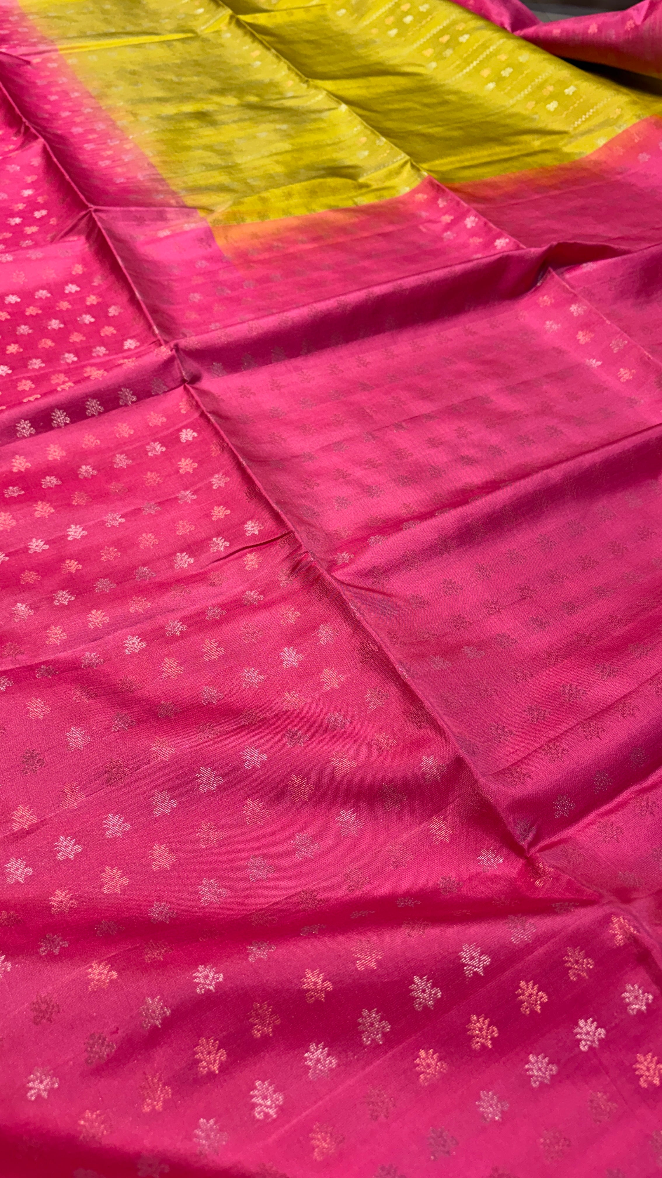 Mehndi Yellow to Fuchsia Pink Silk Saree