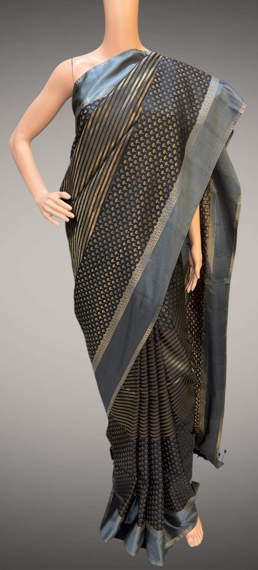 Black-Grey Zari Weaved Silk Saree