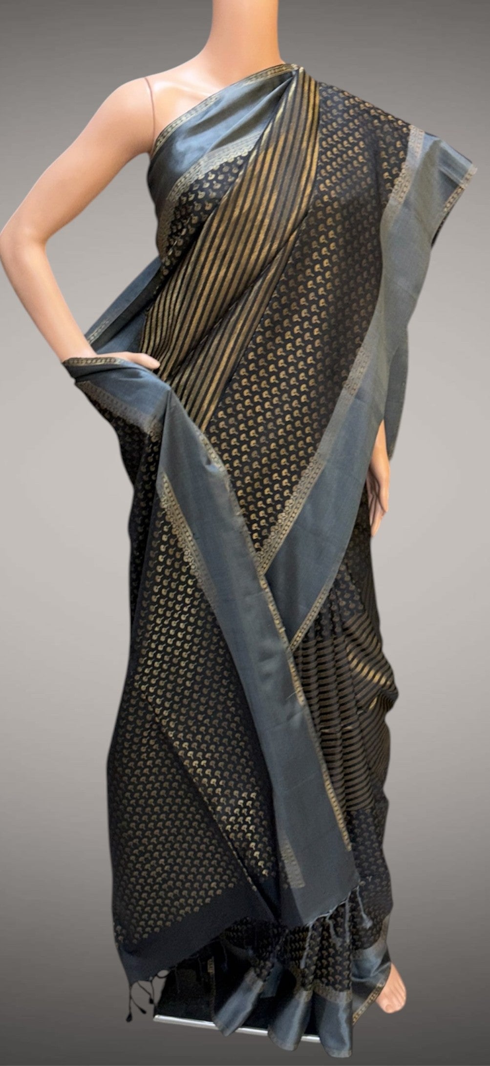 Black-Grey Zari Weaved Silk Saree