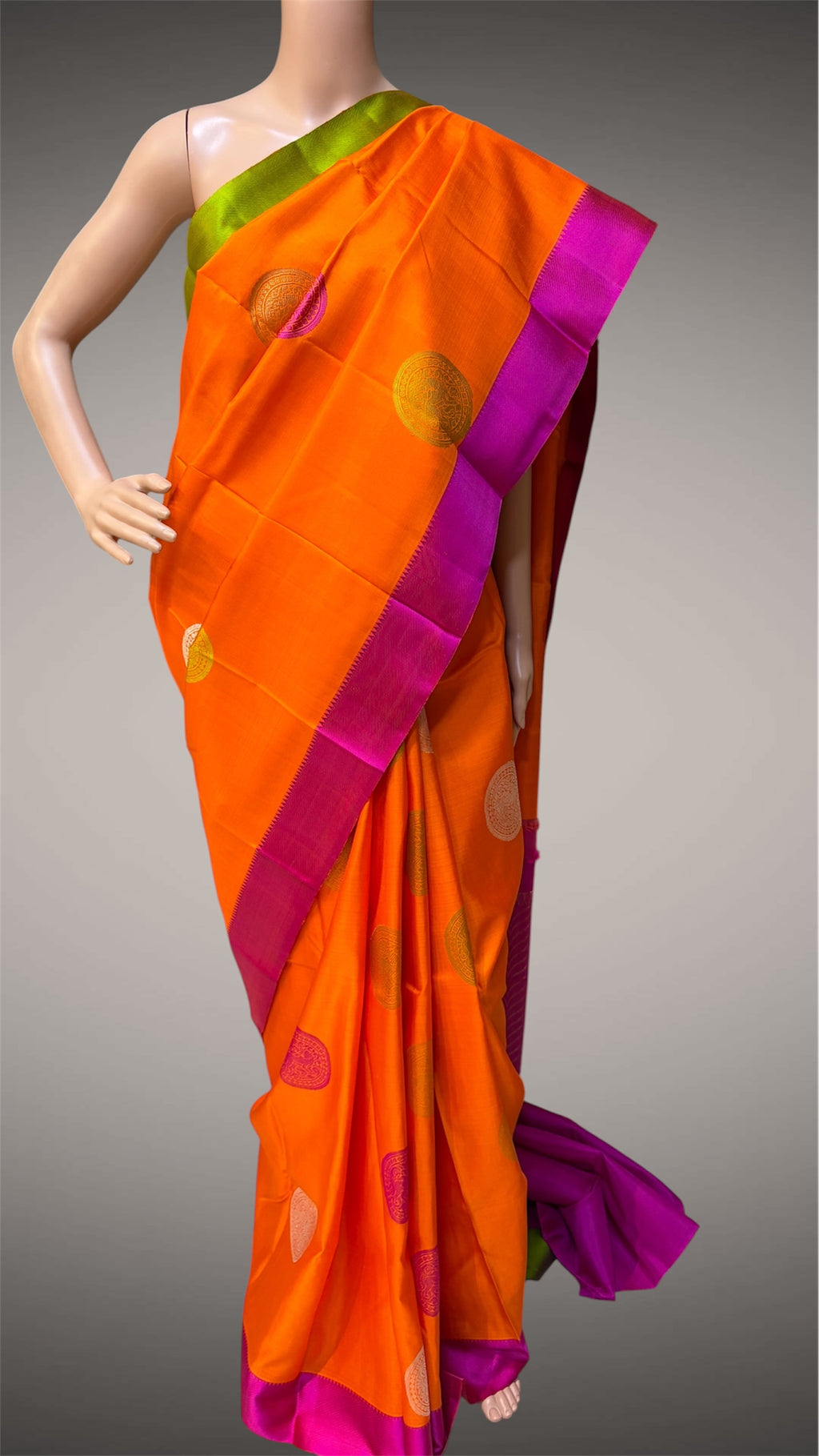 Orange-Rani-Green Kanjeevaram Saree