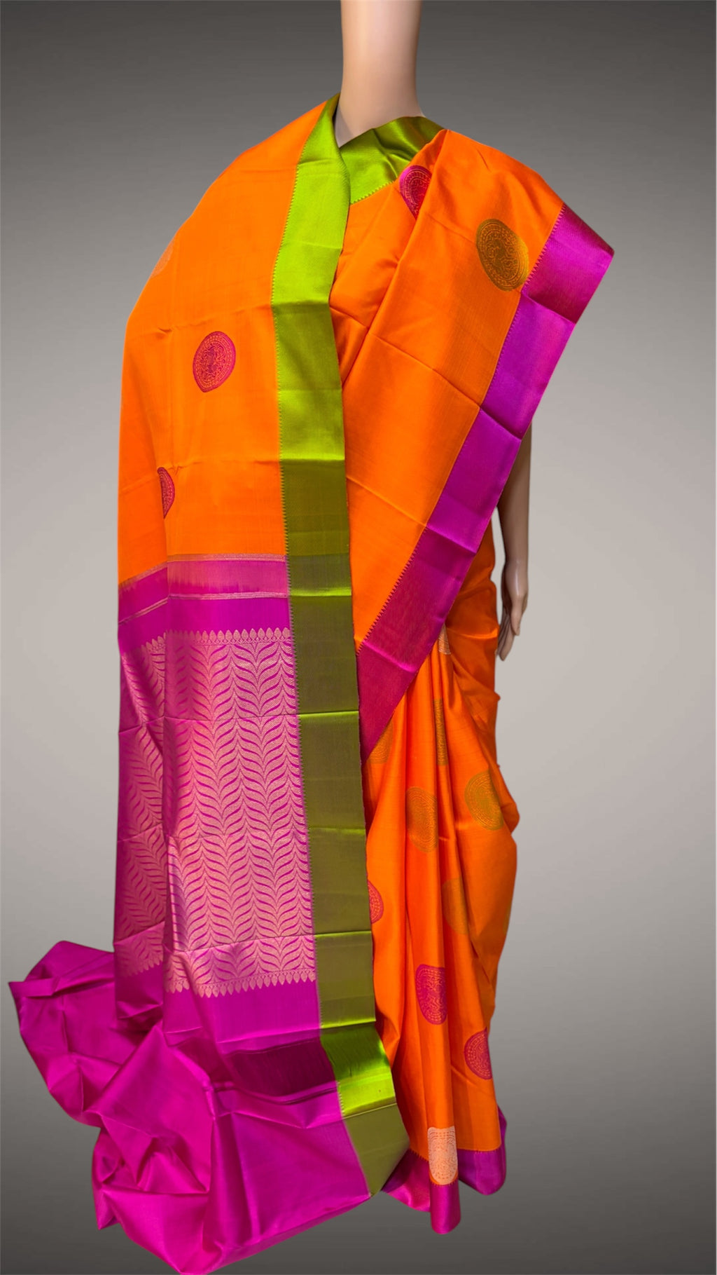 Orange-Rani-Green Kanjeevaram Saree