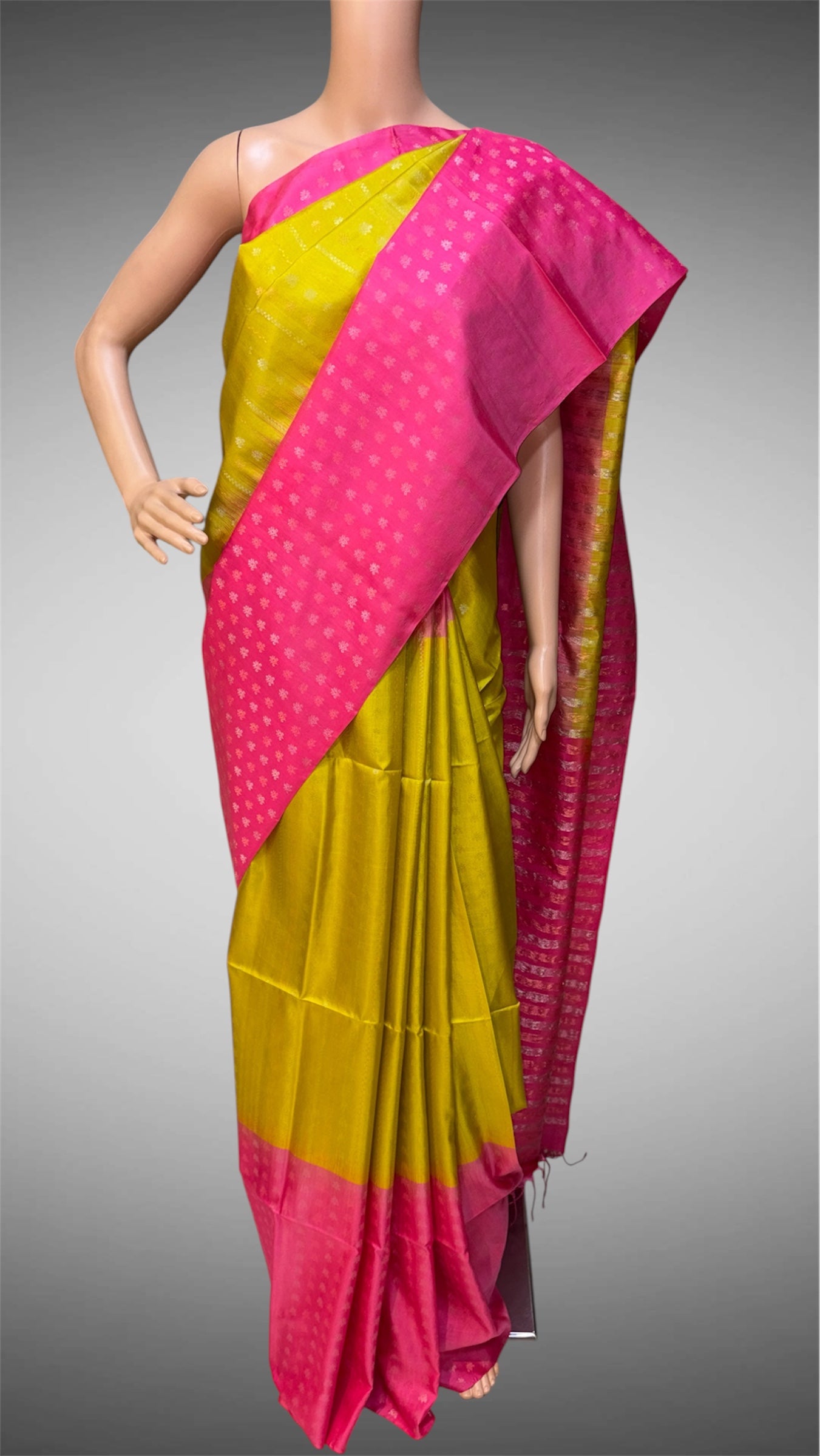 Mehndi Yellow to Fuchsia Pink Silk Saree