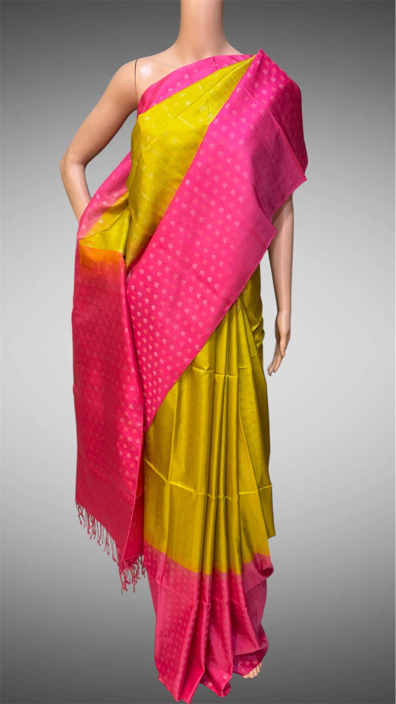 Mehndi Yellow to Fuchsia Pink Silk Saree